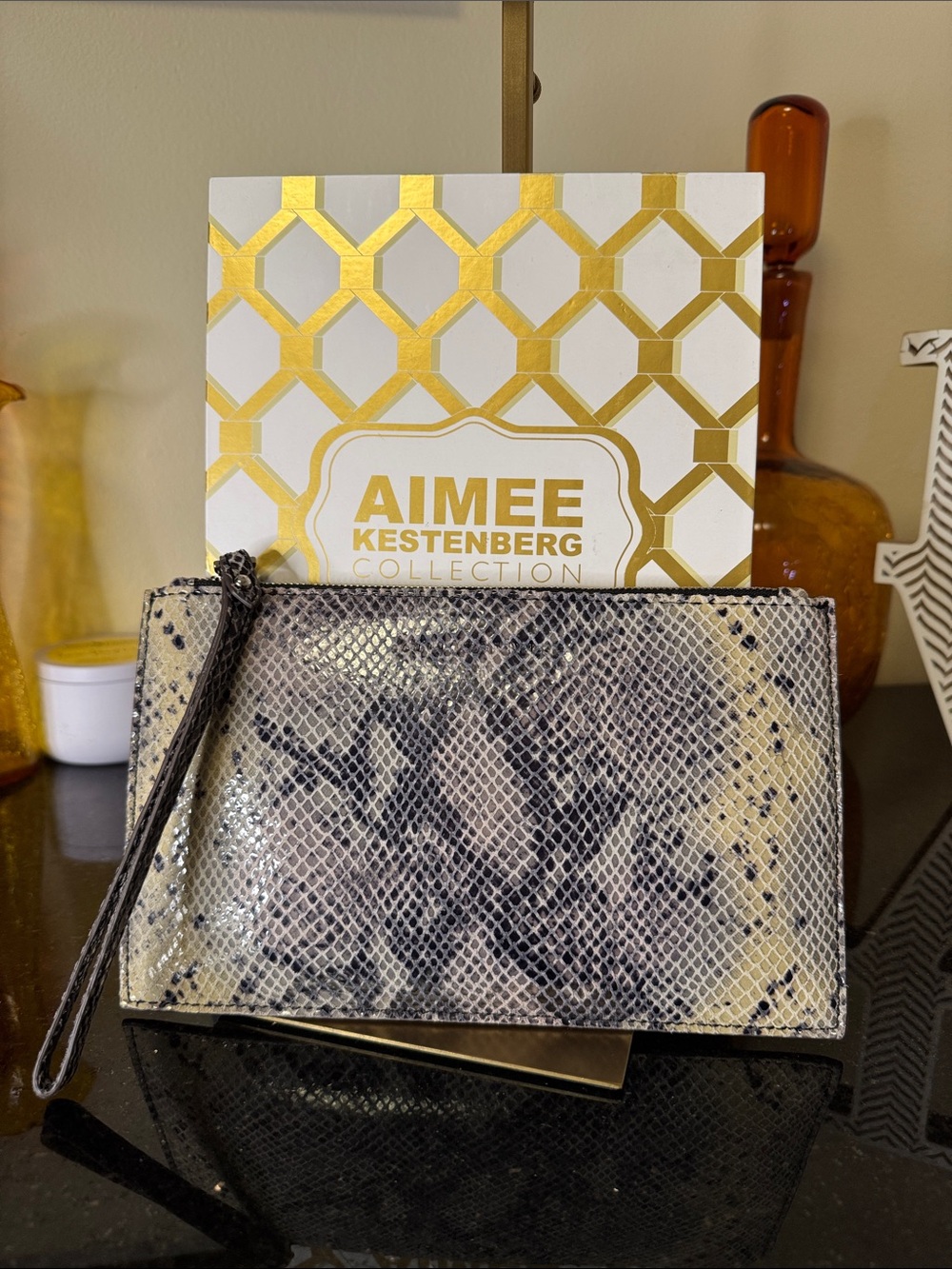 Aimee Kestenberg Black and Cream Python -Print Wristlet w/Charger